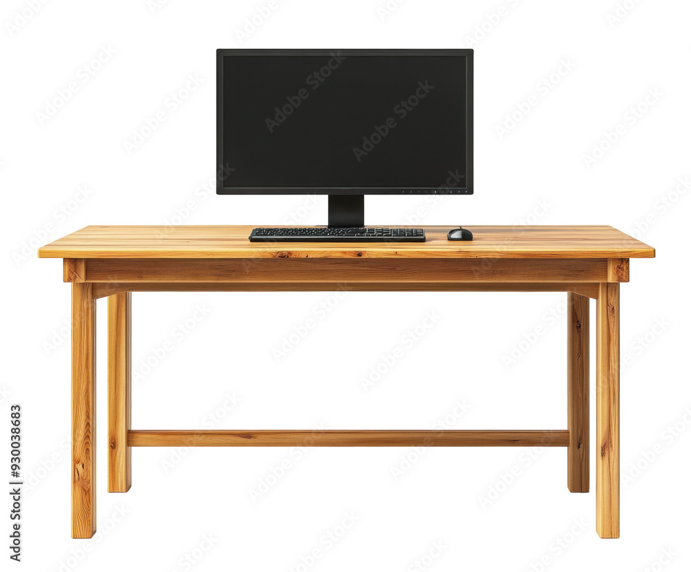 Wooden table with desktop computer isolated on white. PNG transparent. Wooden table with desktop computer isolated on white. PNG transparent.