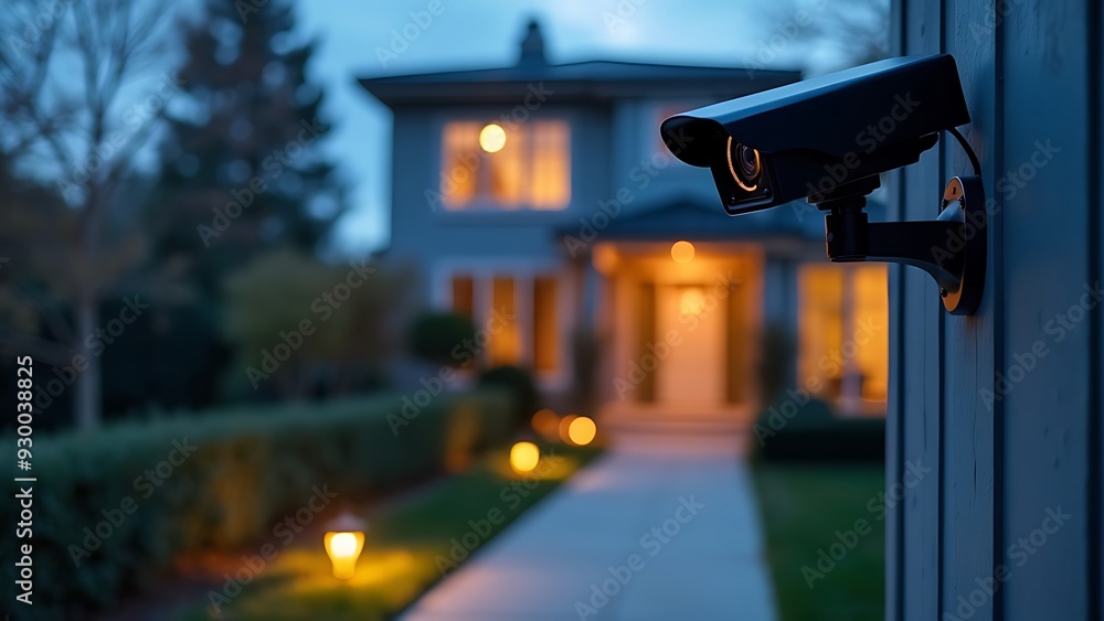 Close-up view of a modern home security camera monitoring vigilantly, showing details of advanced technology and vigilance around the area Close-up view of a modern home security camera monitoring vigilantly, showing details of advanced technology and vigilance around the area