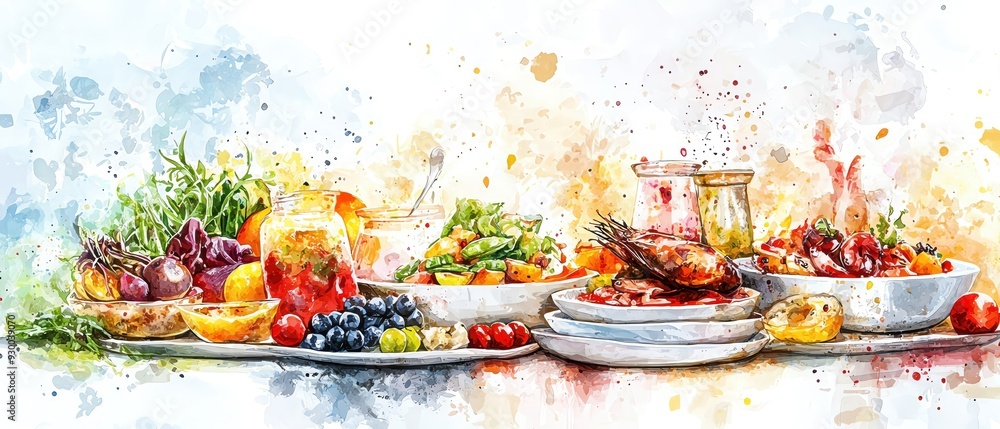 A vibrant watercolor of a diverse culinary spread featuring fruits, vegetables, and gourmet dishes. A vibrant watercolor of a diverse culinary spread featuring fruits, vegetables, and gourmet dishes.