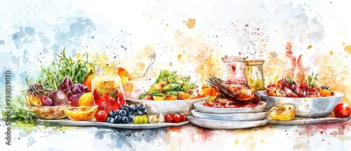 A vibrant watercolor illustration of a diverse culinary spread featuring fruits, vegetables, and gourmet dishes.