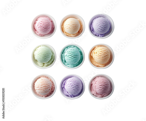 Assorted ice cream scoops in bowls isolated on white background. PNG transparent.