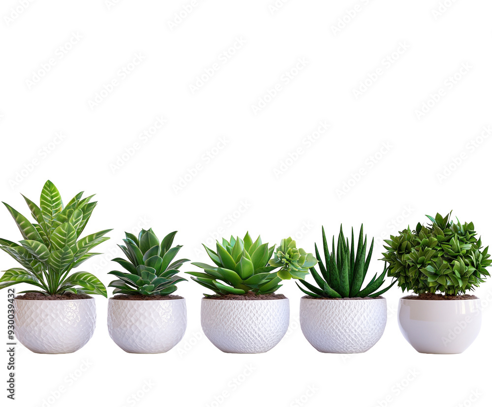 Fototapeta premium Green houseplants in white pots isolated on white background. PNG transparent.