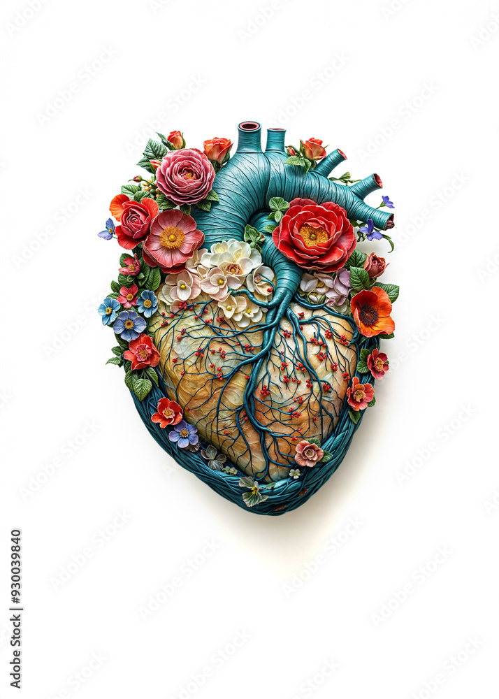 Artistic Creative Heart made of Flower with Colorful Floral Details and Veins on White Background Nature Flower Love Concept