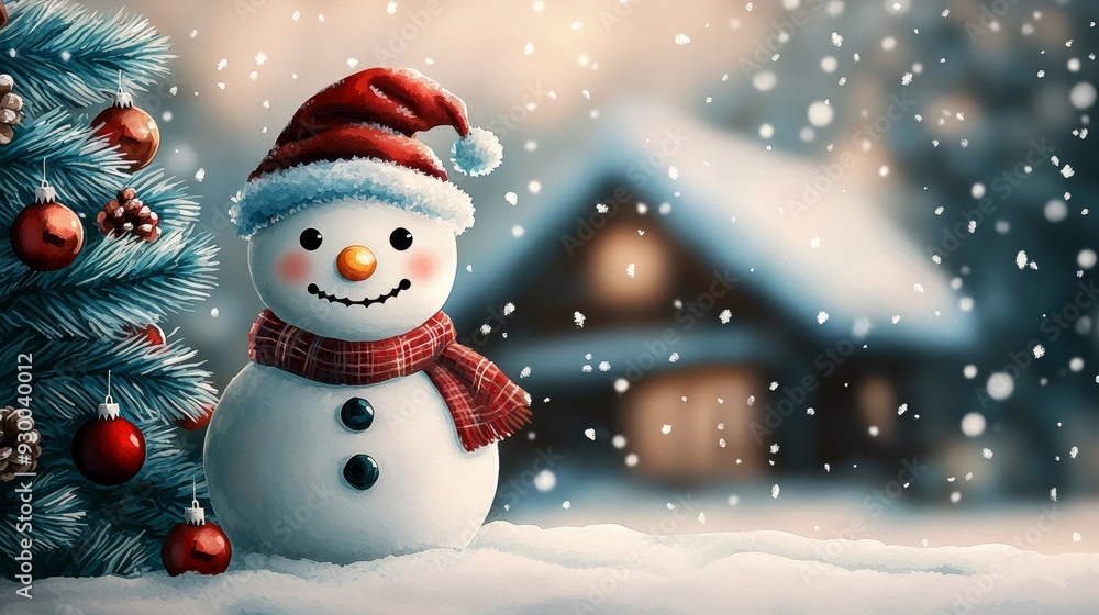 Charming snowman adorned with a red scarf and hat, surrounded by a festive backdrop of snow and a decorated Christmas tree. Charming snowman adorned with a red scarf and hat, surrounded by a festive backdrop of snow and a decorated Christmas tree.