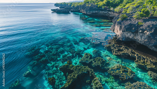 Fototapeta Naklejka Na Ścianę i Meble -  A serene coastline with crystal-clear waters and strange, glowing coral reefs