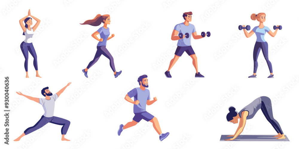 set of flat vector cartoon character doing work out exercise. isolated on white set of flat vector cartoon character doing work out exercise. isolated on white