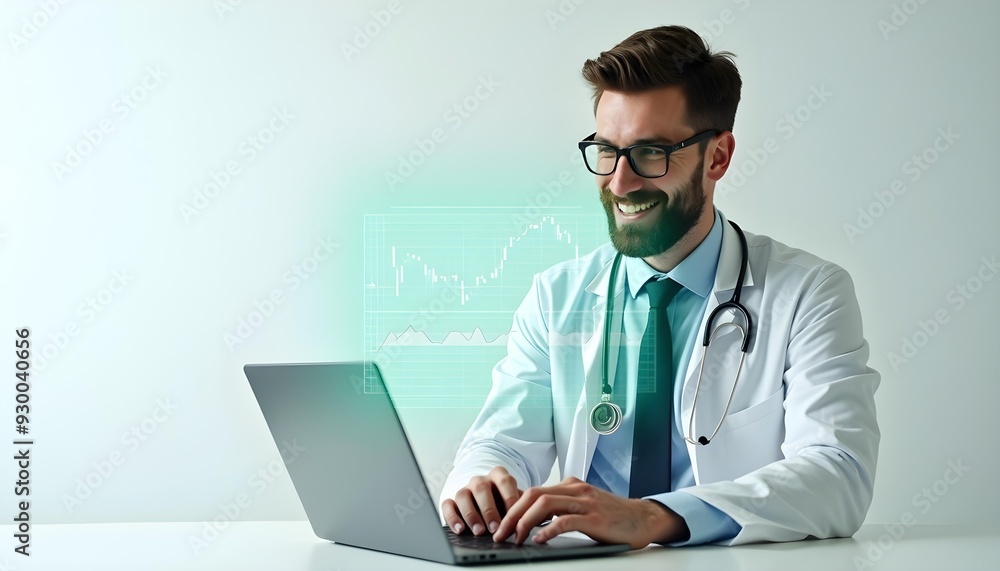 Smiling male doctor using laptop with holographic data display, wearing white coat and stethoscope, modern healthcare technology Smiling male doctor using laptop with holographic data display, wearing white coat and stethoscope, modern healthcare technology