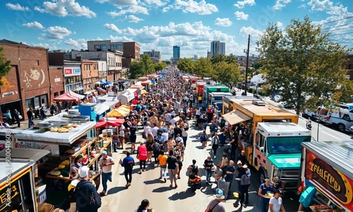 Wallpaper Mural a crowd of people walking down a street next to food trucks Torontodigital.ca