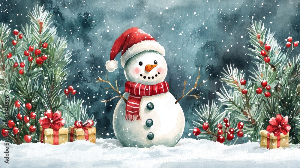 Fototapeta premium Festive snowman wearing a red hat and scarf, surrounded by Christmas trees and gifts, creating a cozy winter scene.