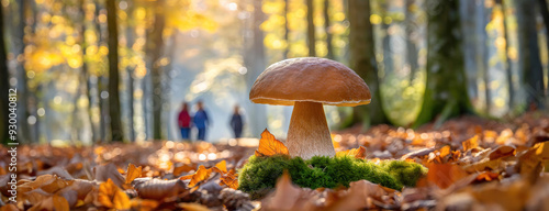 A large mushroom surrounded by fallen leaves in a sunlit autumn forest with two people walking in the blurred background, capturing the essence of fall. photo