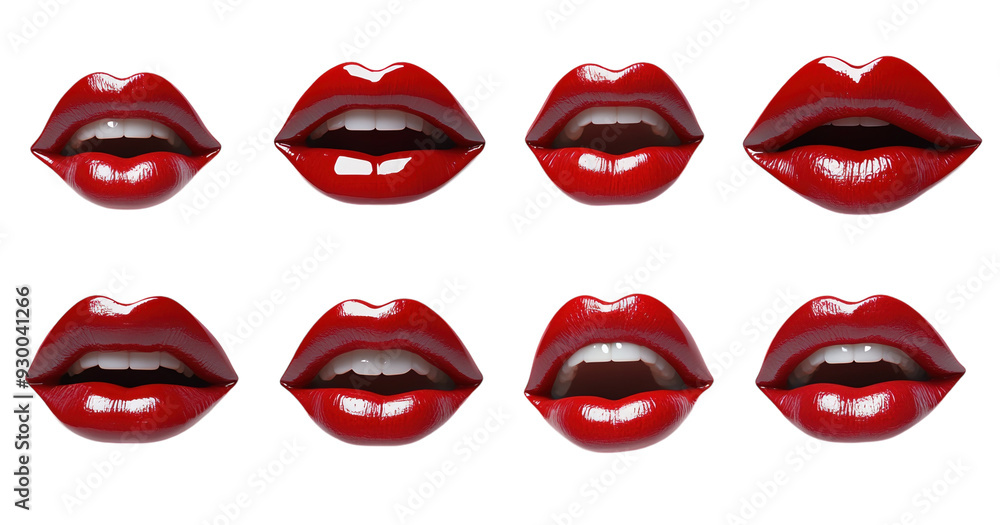 Obraz premium Red lipstick lips in various poses isolated on white background.. PNG transparent.