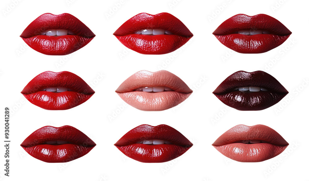 Obraz premium Red lipstick lips in various poses isolated on white background.. PNG transparent.