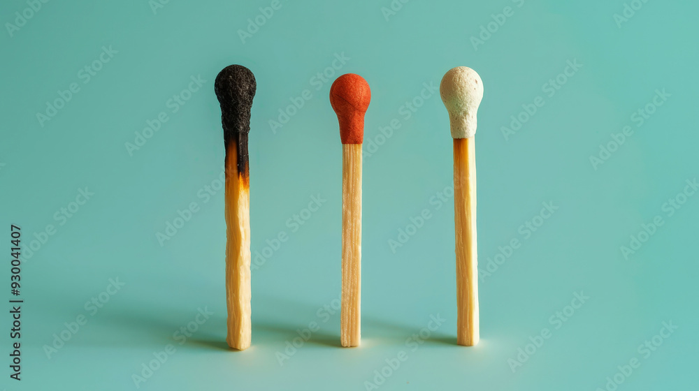 Two burning matches on pastel blue background, ideas, emotional burnout, teamwork. Generative AI Two burning matches on pastel blue background, ideas, emotional burnout, teamwork. Generative AI