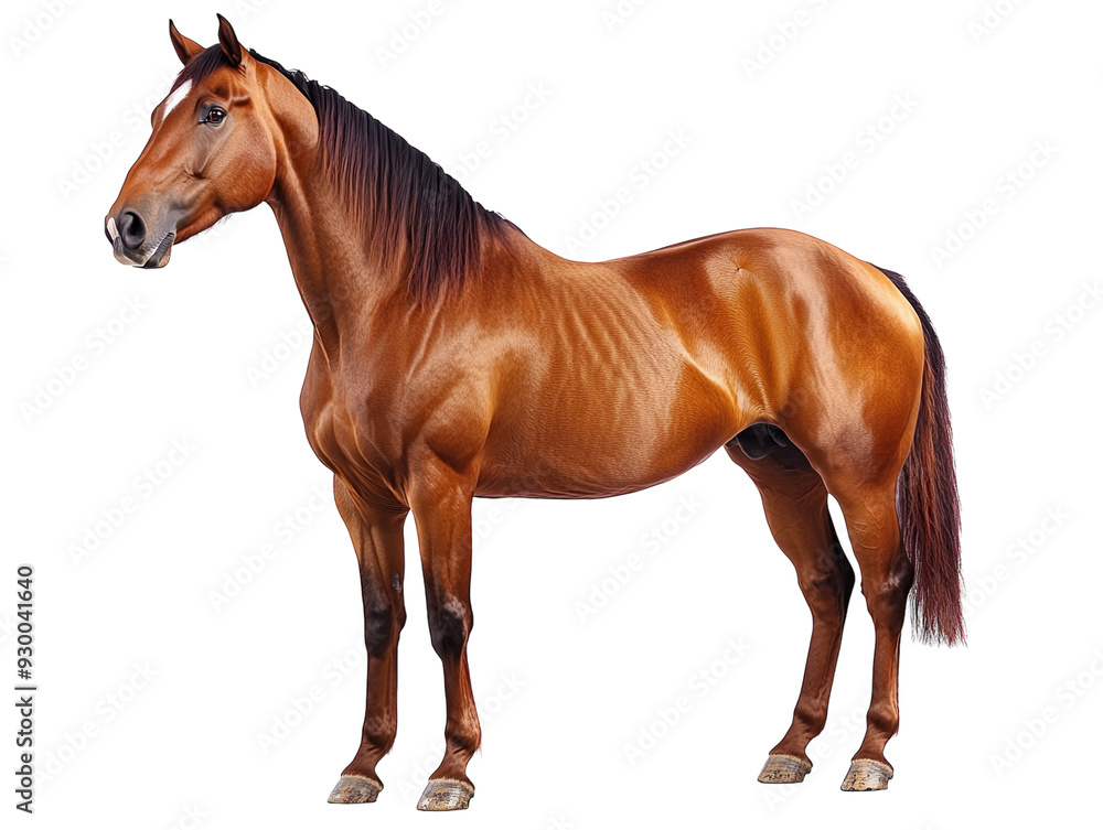 Fototapeta premium Brown horse standing isolated on white background.. PNG transparent.