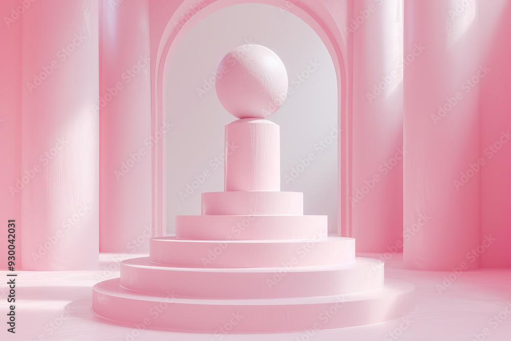 Obraz premium Pink sphere standing on cylinder podium on round stage with columns and arches