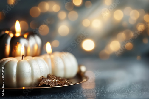 A warm ambiance is created by three lit candles placed alongside decorative white and silver pumpkins on a stylish plate, enhancing the fall atmosphere photo