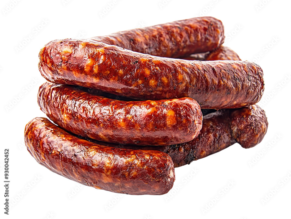 Smoked sausages isolated on white background. PNG transparent.