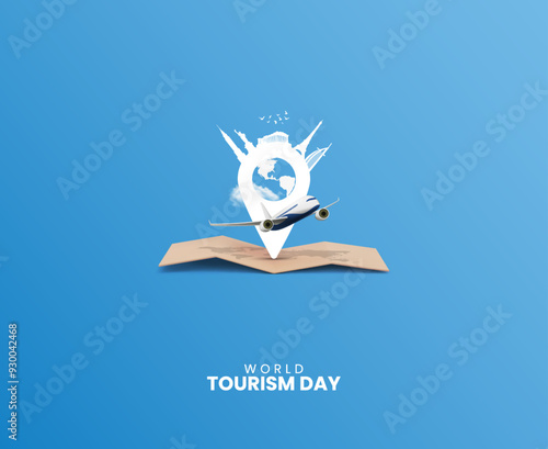 World Tourism Day. Travel concept, Tourism day vector design, location icon with tourism day typography, world map with air plane.