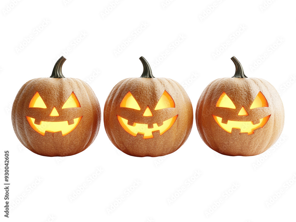 Three glowing Halloween pumpkins isolated on white background. PNG transparent. Three glowing Halloween pumpkins isolated on white background. PNG transparent.
