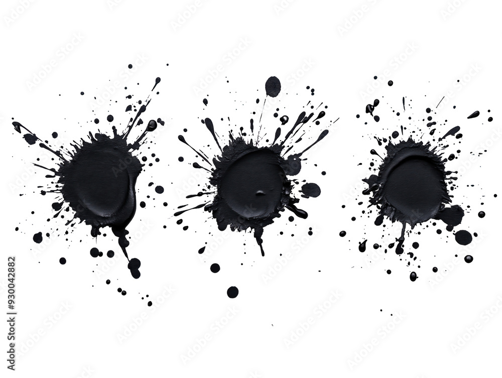 Black spray paint splatters isolated on white background. PNG transparent. Black spray paint splatters isolated on white background. PNG transparent.