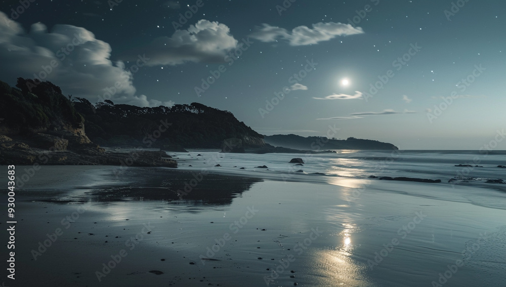 Fototapeta premium A tranquil beach where the sand and waves glow under the moonlight