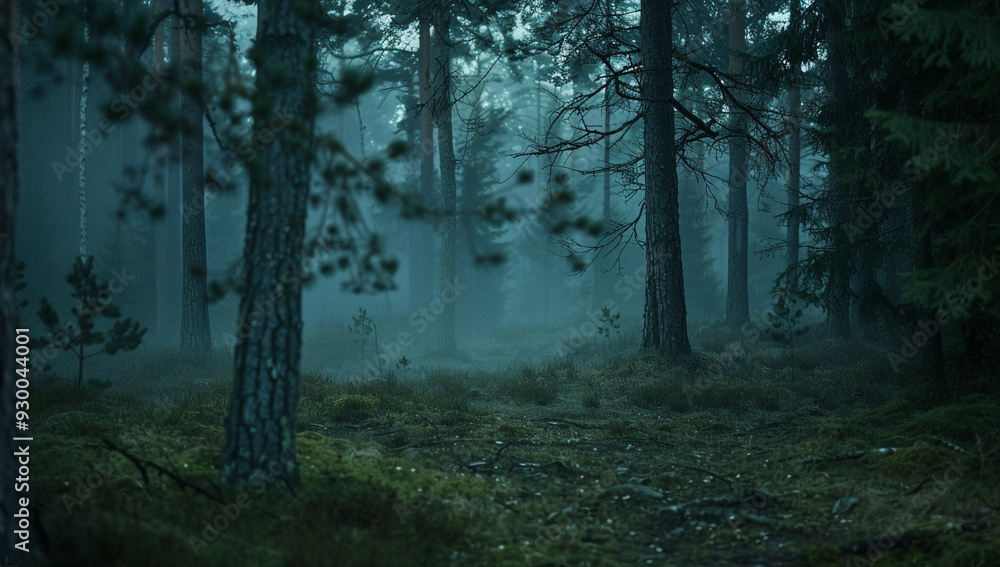 Fototapeta premium A tranquil, foggy forest with ethereal spirits drifting between the trees