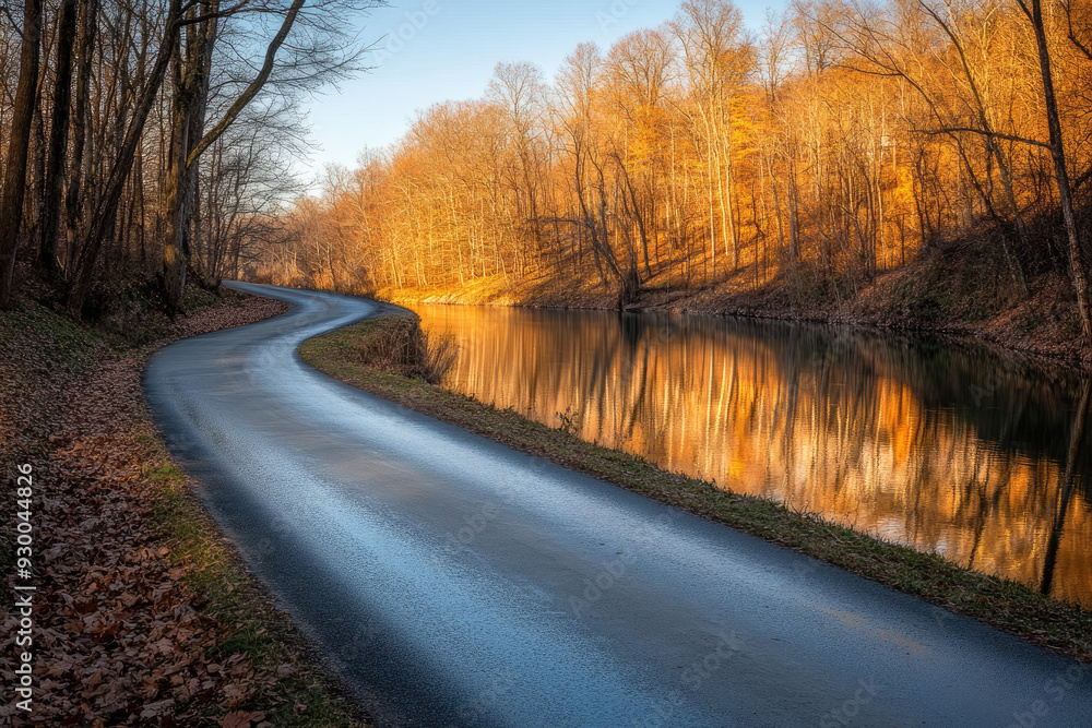 Fototapeta premium Twisting Road Along a Riverbank with Reflections