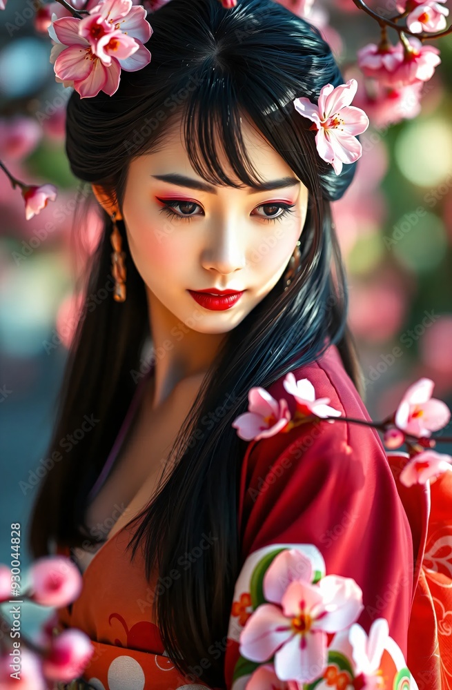 geisha with sakura flowers, portrait of a japanese woman geisha with sakura flowers, portrait of a japanese woman