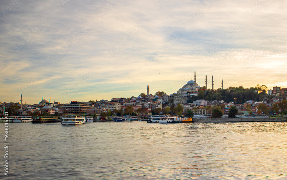 View of ships in the goldenhorn, historical old city istanbul constantinople View of ships in the goldenhorn, historical old city istanbul constantinople