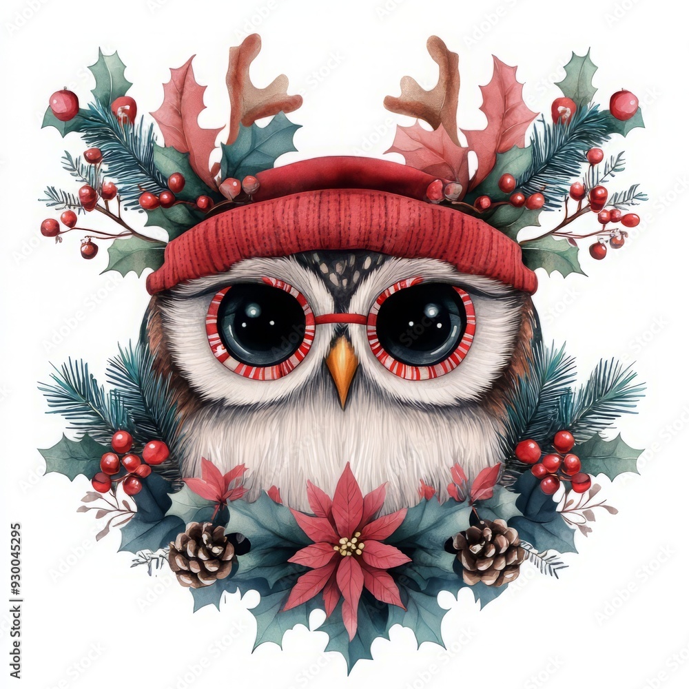 Obraz premium A whimsical owl adorned with antlers and glasses, surrounded by festive foliage and berries, perfect for holiday decor.