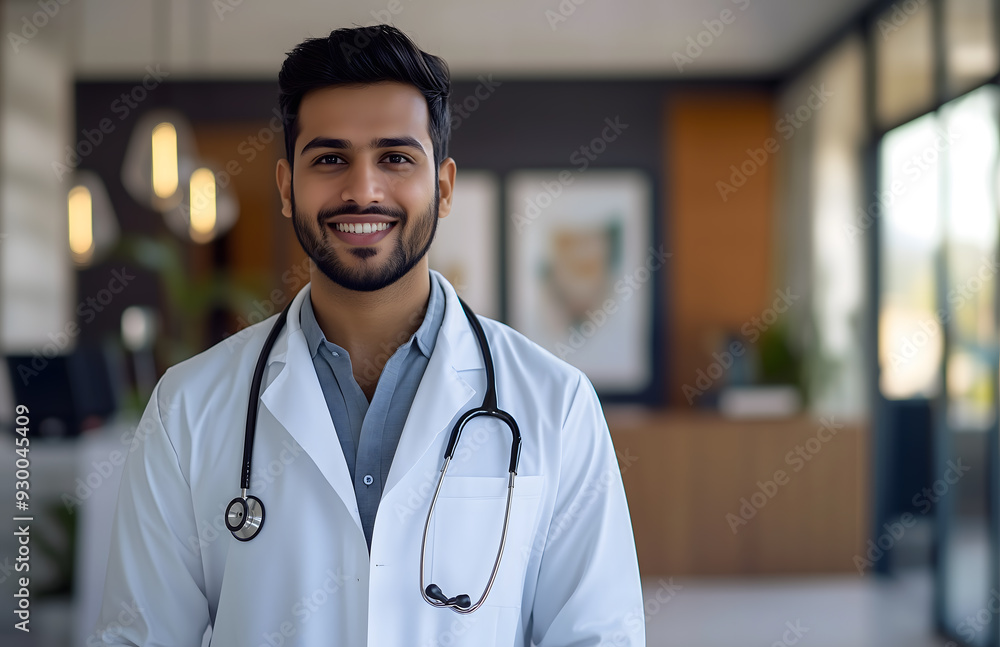 A handsome young doctor of Indian descent, wearing his white coat and stethoscope around his neck, stands in the modern medical office
A handsome young doctor of Indian descent, wearing his white coat and stethoscope around his neck, stands in the modern medical office