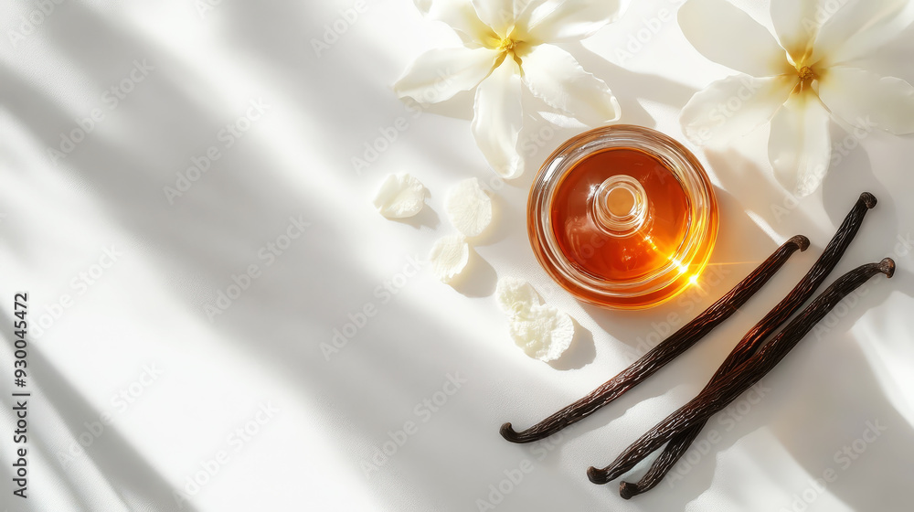 Vanilla extract with vanilla sticks and flowers, copy space, aesthetic white background. Bakery spices. Generative AI Vanilla extract with vanilla sticks and flowers, copy space, aesthetic white background. Bakery spices. Generative AI