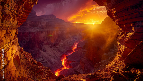 A vast, enchanted canyon with glowing crystals embedded in the cliffs