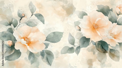 A soft watercolor illustration of peach flowers and leaves on a light background.