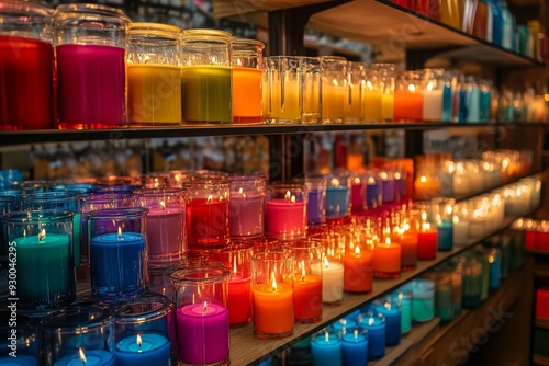 A variety of colorful candles in glass jars, lit and arranged neatly on shelves in a store, creating a vibrant display