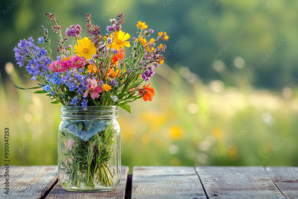 Wildflowers in a Mason Jar on a Picnic Table Rustic Setting Wildflowers in a Mason Jar on a Picnic Table Rustic Setting