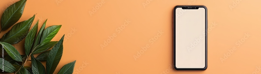 Minimalist mockup of a smartphone on an orange background with a leaf, perfect for showcasing mobile applications or designs. Minimalist mockup of a smartphone on an orange background with a leaf, perfect for showcasing mobile applications or designs.