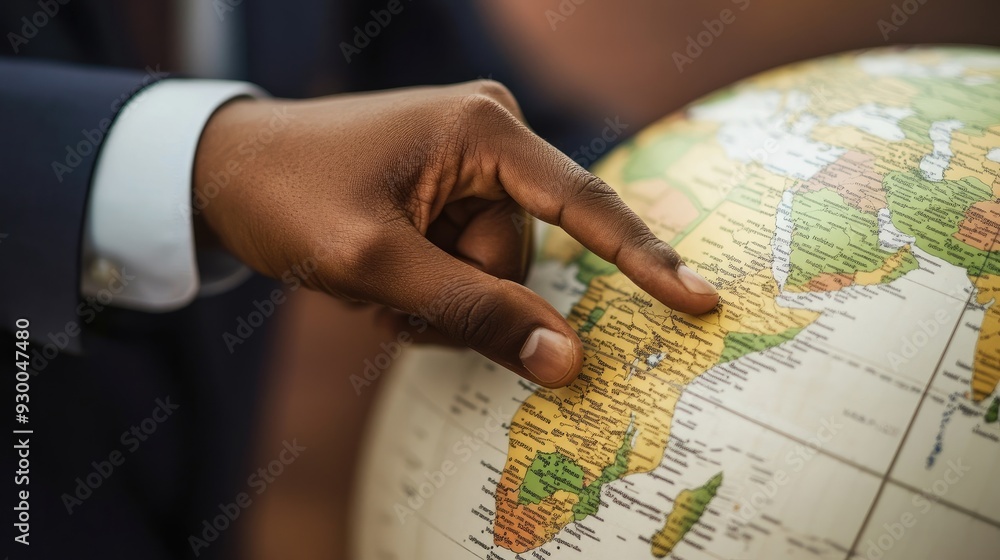 A businessman hand pointing to Africa on a world globe, representing the planning of global business strategies A businessman hand pointing to Africa on a world globe, representing the planning of global business strategies