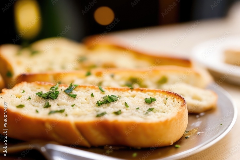 Garlic bread over a blurry background Garlic bread over a blurry background