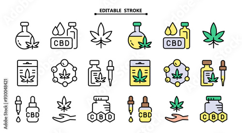 Cannabis related icons set. Editable stroke. Cannabidiol icons collection. Marihuana vector signs and symbols collection.