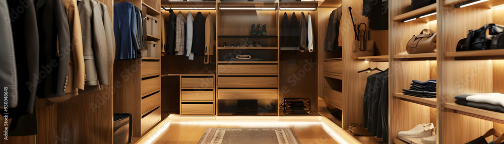 Modern Walk-in Closet with Wooden Shelves and LED Lighting - 3D Illustration Modern Walk-in Closet with Wooden Shelves and LED Lighting - 3D Illustration