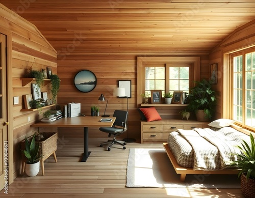 Elevation rendering of a Z-shaped study table with built-in wall seating in a simple cabin bedroom. The room boasts a bed, lovely accents, and thriving houseplants. Abundant natural light from an expa photo