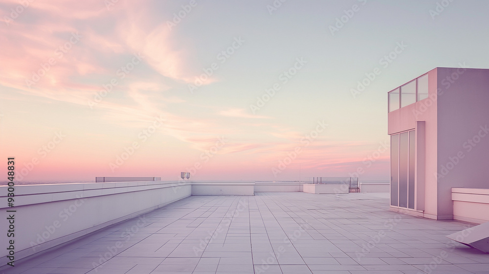 Smooth and empty rooftop, clean lines, soft pastel sky Smooth and empty rooftop, clean lines, soft pastel sky