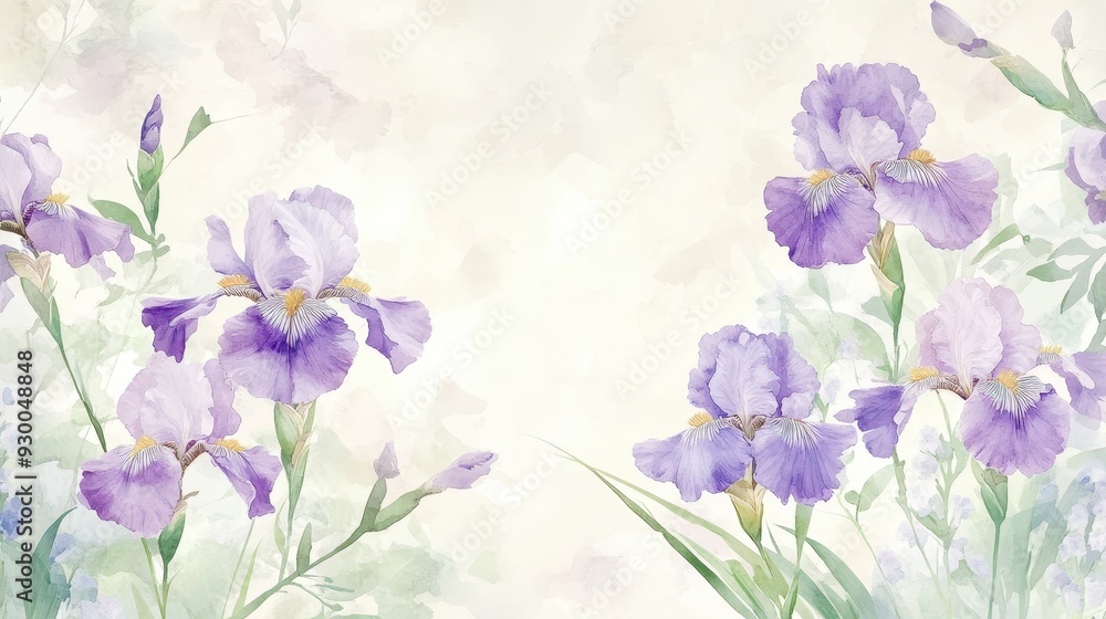 A soft watercolor illustration of purple irises against a light background.