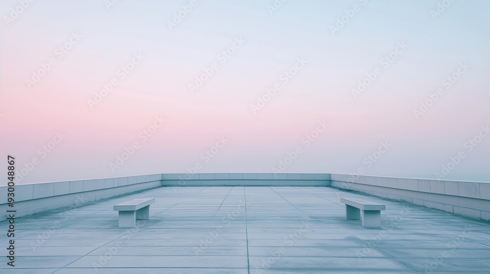 Smooth and empty rooftop, clean lines, soft pastel sky Smooth and empty rooftop, clean lines, soft pastel sky