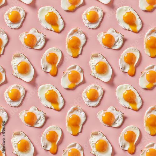 Seamless pattern with fried eggs on pink background, top view, minimal flat lay style.