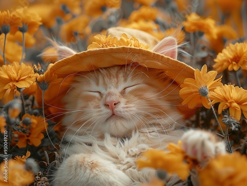 Sleepy Kitten in a Flower Garden