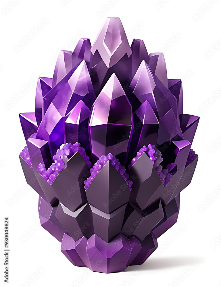 Illustration of an Amethyst Geode, Featuring Deep Purple Crystals in an Organic Shape, Representing Calmness and Spiritual Growth, with Copy Space on a White Background