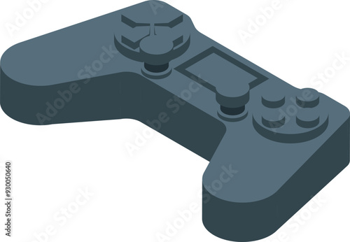 Dark grey gamepad with buttons and d pad lying horizontally, isometric view photo