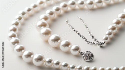  a pearl necklace with a pair of pearl earrings.